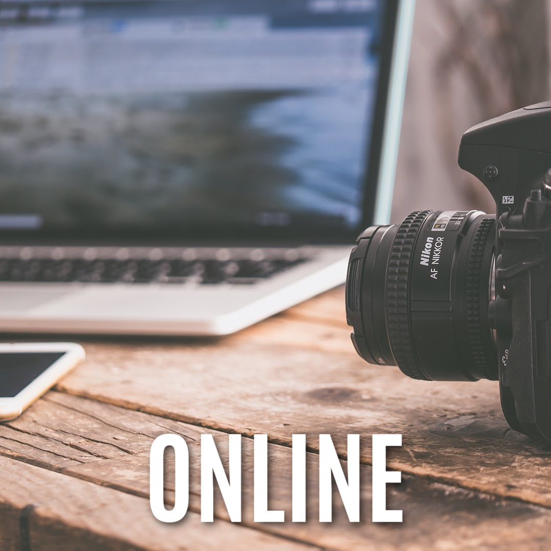 online title with computer and video camera in background