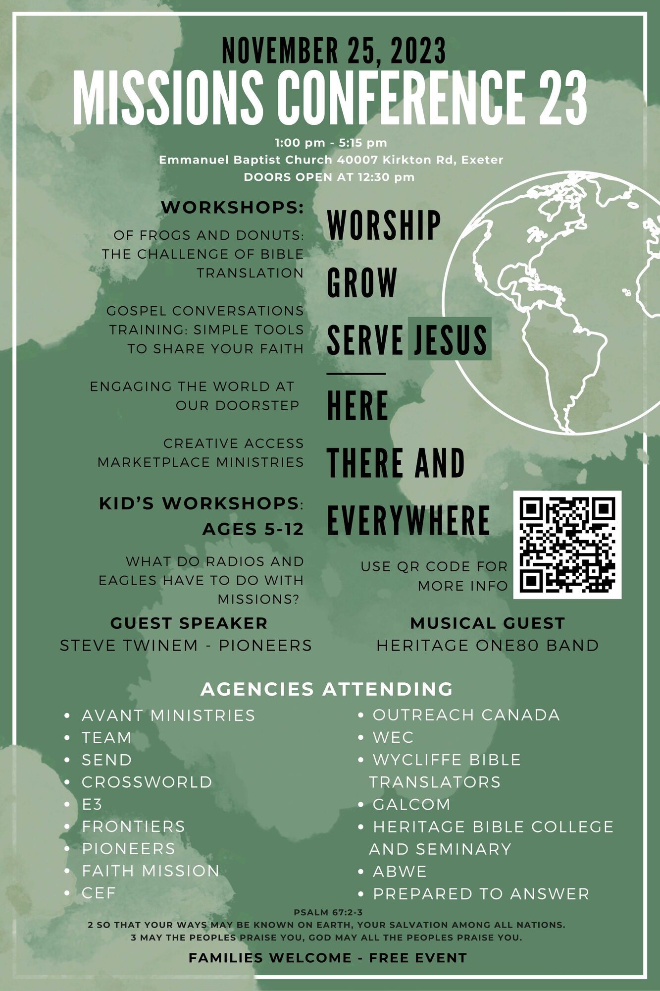green background with black lettering and a white globe outline