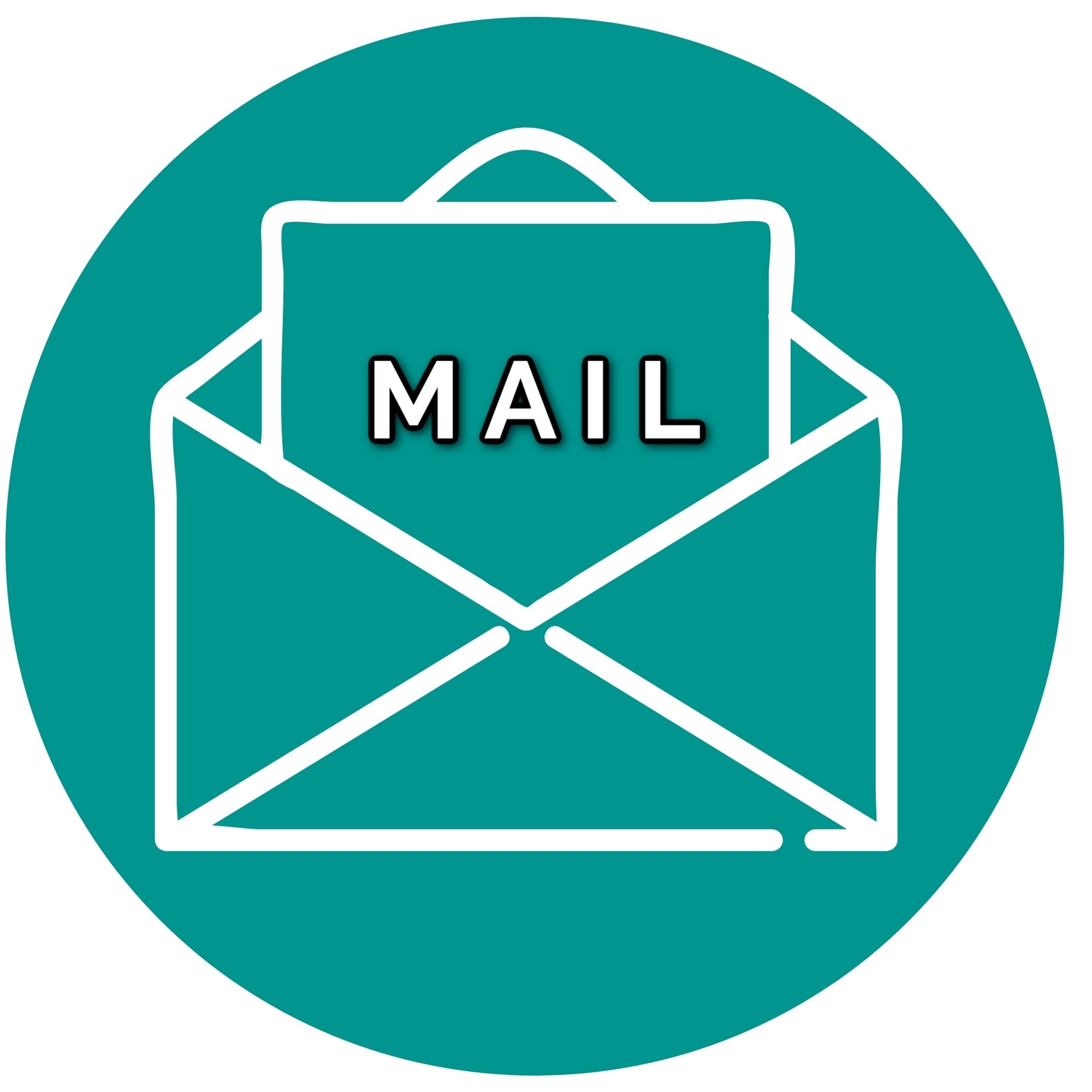 envelope graphic on teal circle with black and white lettering