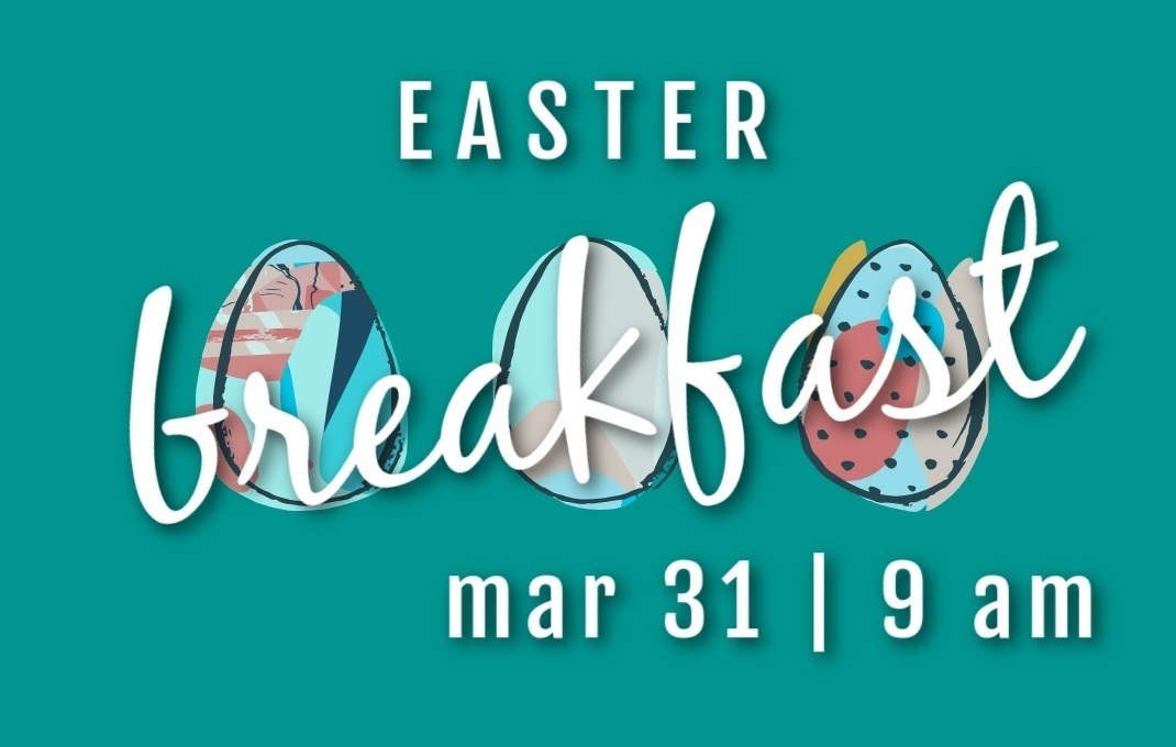 teal background with 3 multi colour eggs and white lettering