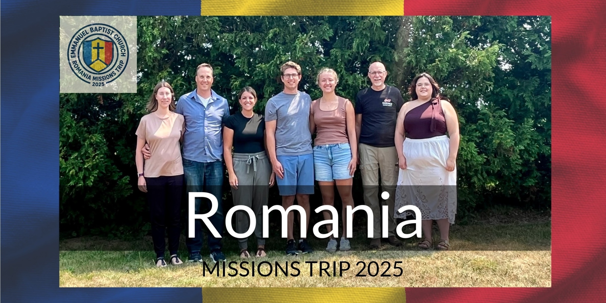group of individuals standing in front of a tree line romanian flag background black text