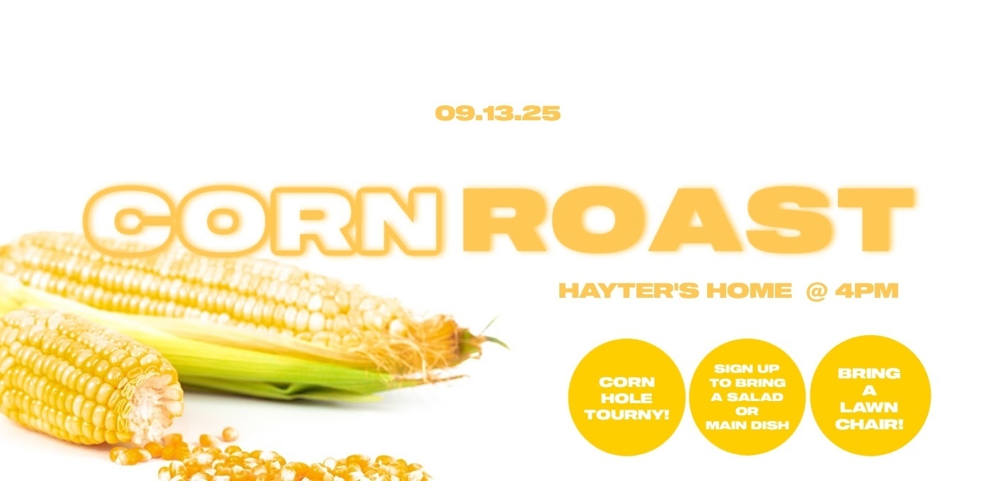 cob of corn with yellow lettering 3 yellow circles with white lettering