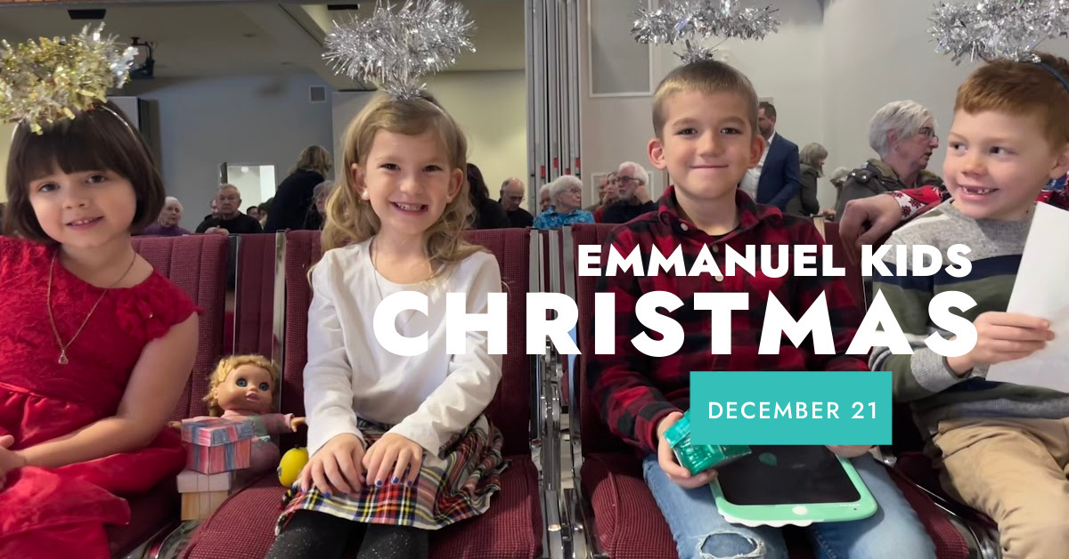 group of 4 children smiling with angel headbands white lettering