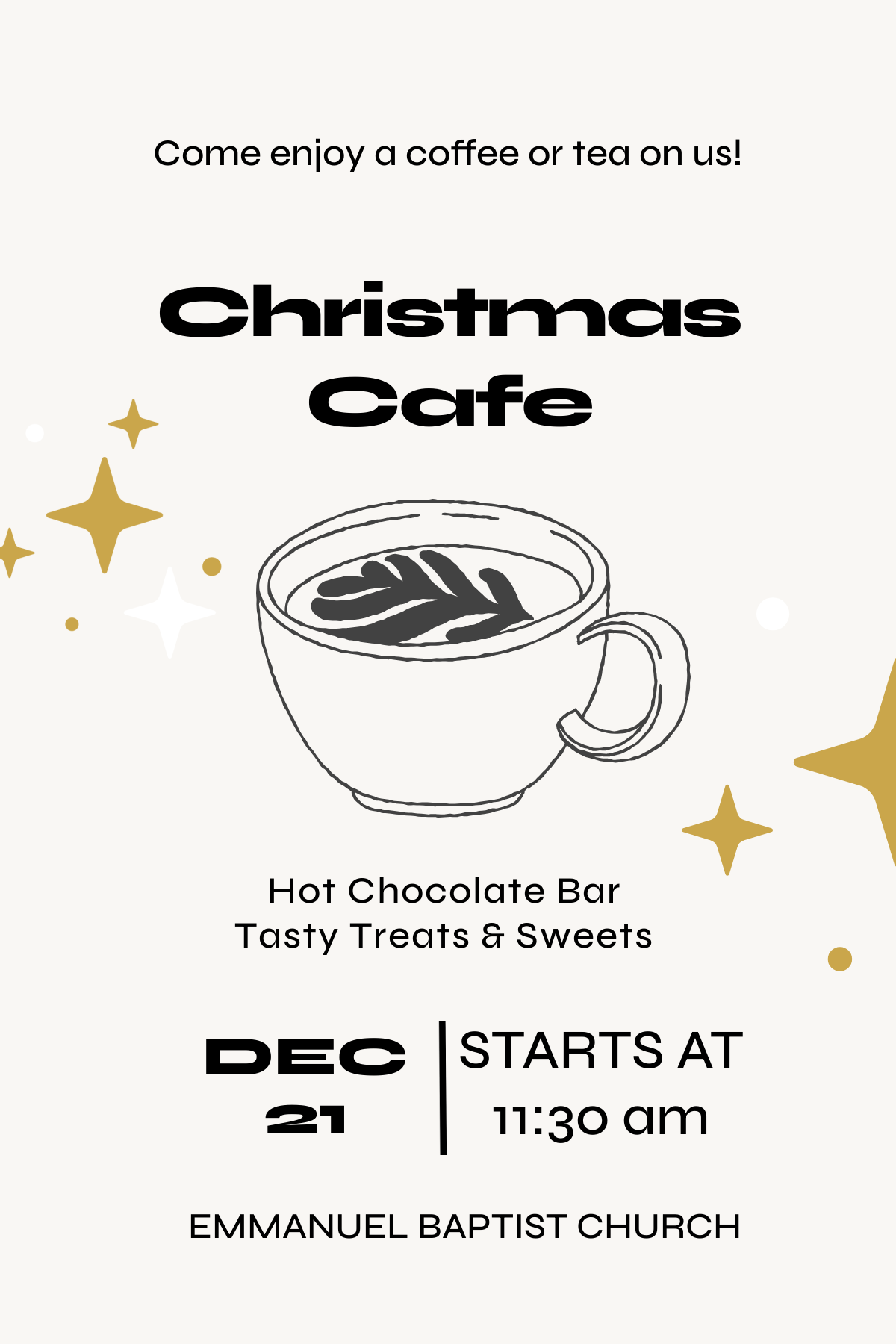 beige background minimalist coffee cup gold and white stars black lettering