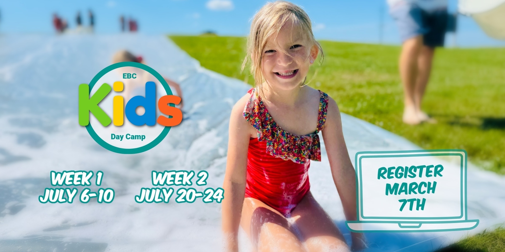 girl in a red bathing suit on the slip and slide with white and teal lettering