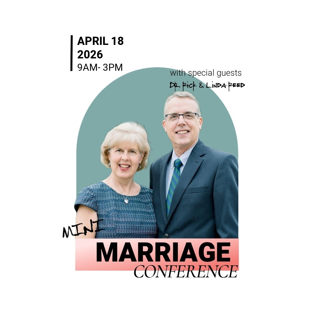 profile picture of older couple sage green arch in background coral banner black lettering