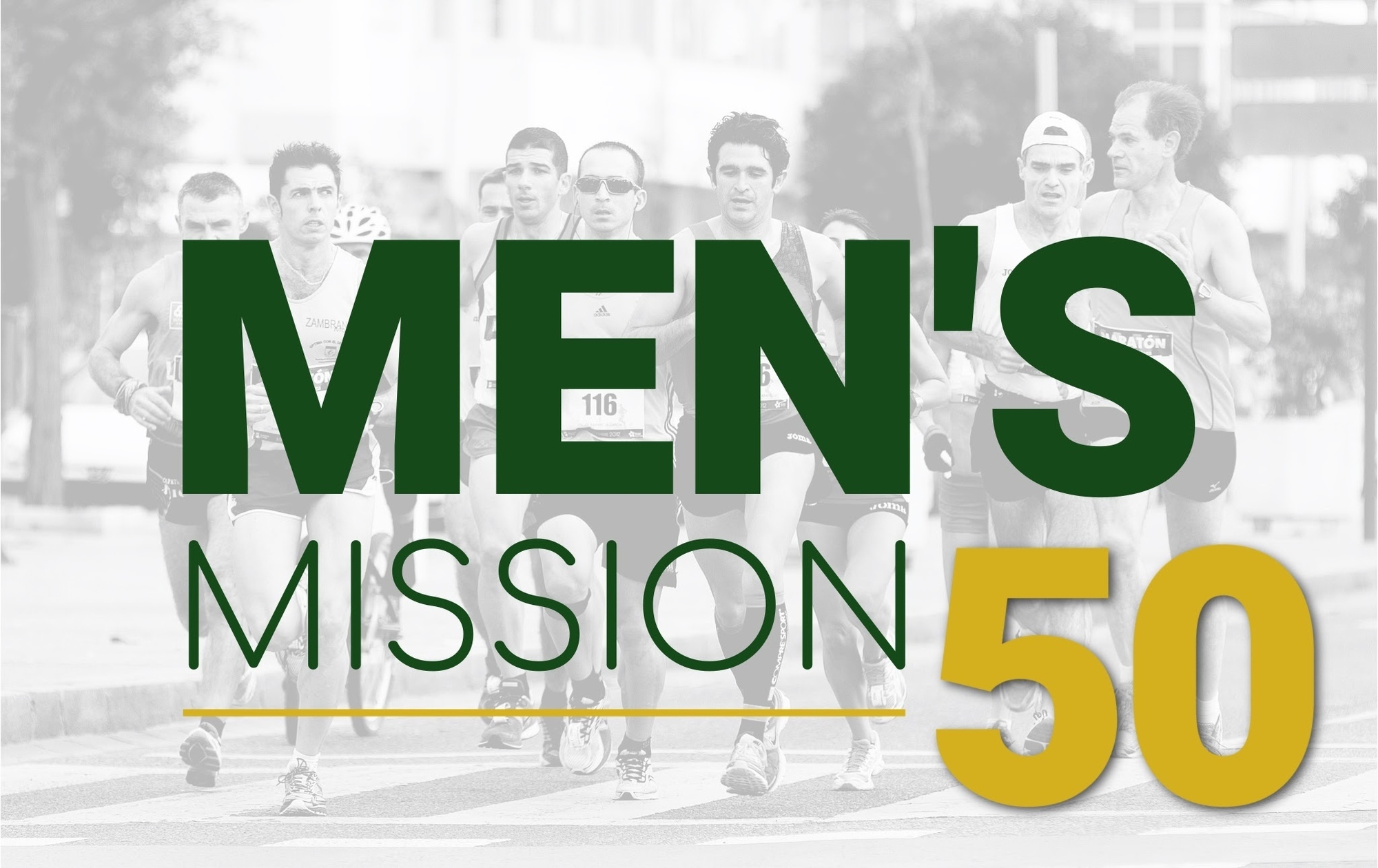 Men’s mission 50 with group of men running in marathon in black and white