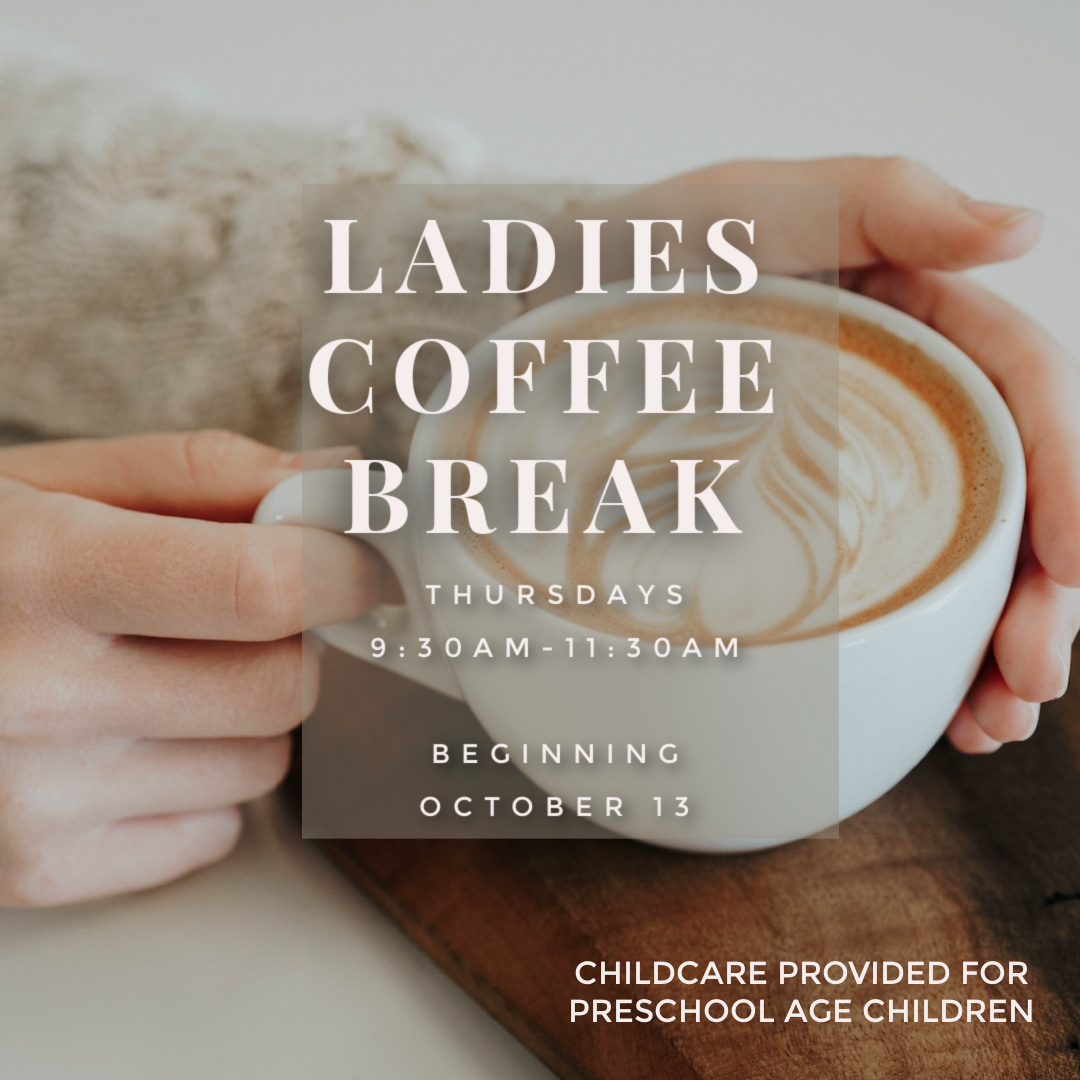 LADIES COFFEE BREAK INVITE WITH STEAMING CUP OF COFFEE HELD WITH WOMANS HANDS