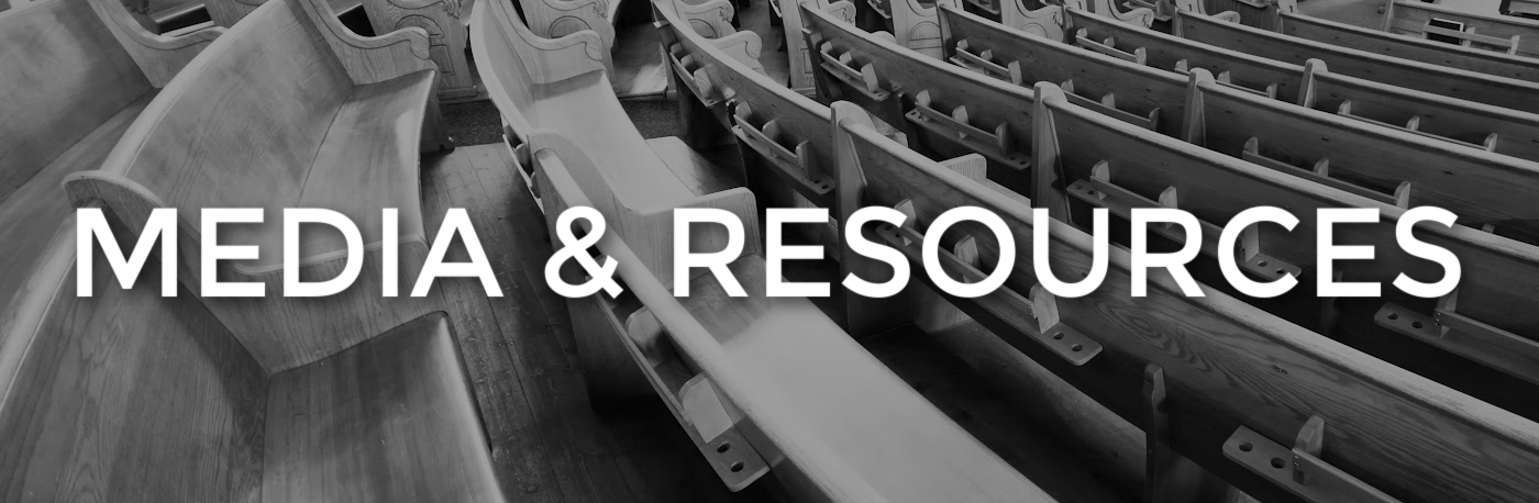 media and resources on background of church pews in black and white