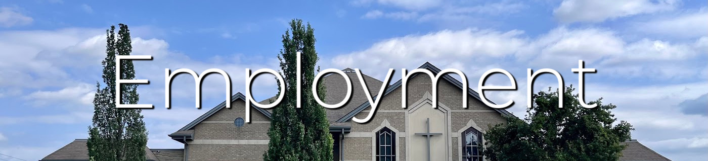 Church building with trees and white fluffy clouds, white lettering